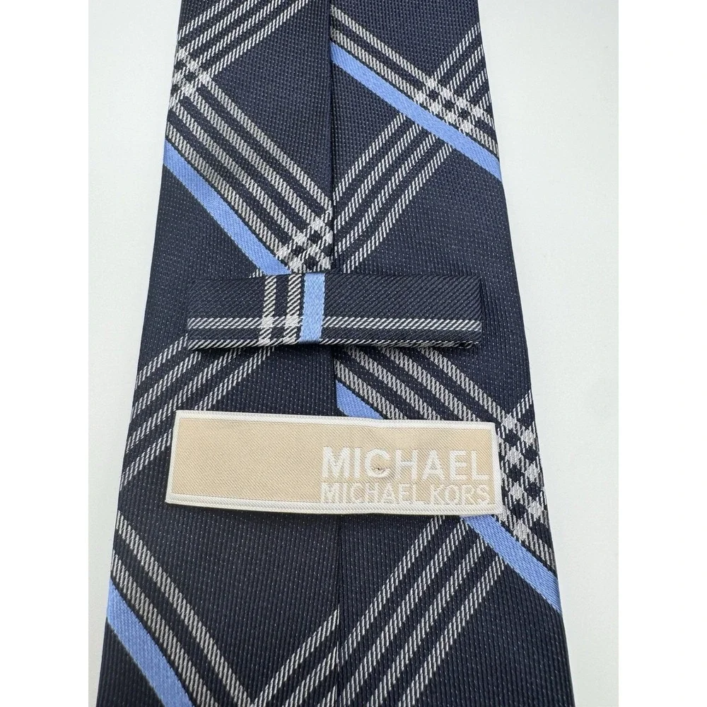 Michael Kors Tie Navy‎ Blue Plaid Check Silk Blend Classic Width Men's Necktie